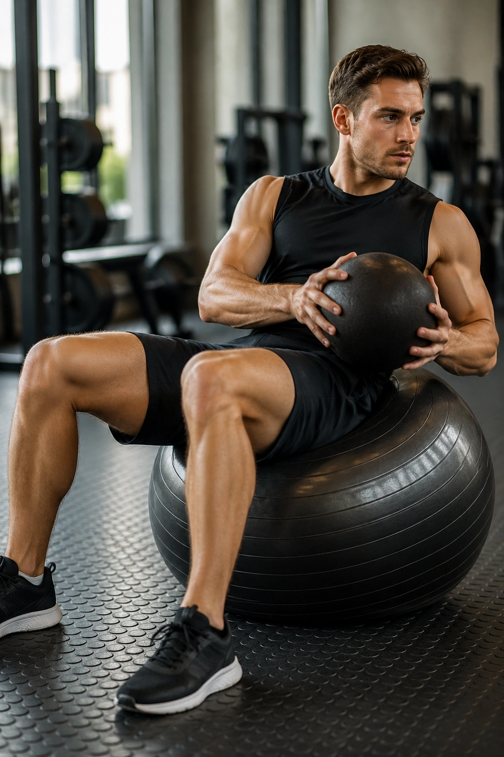 Close-up of a person performing stability-ball Russian twist with a braced core on a stability ball in a gym