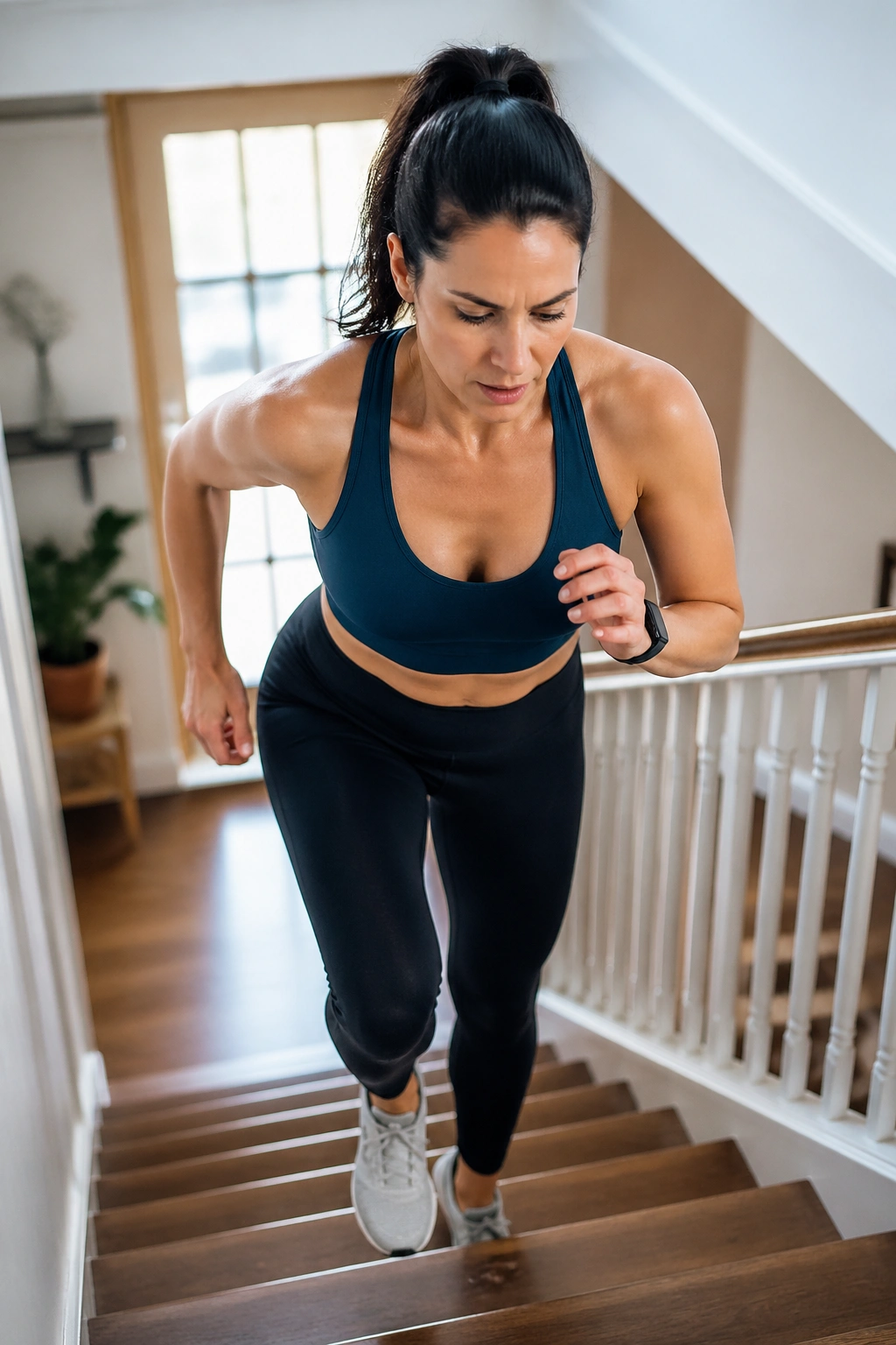 Person climbing stairs for cardio at home
