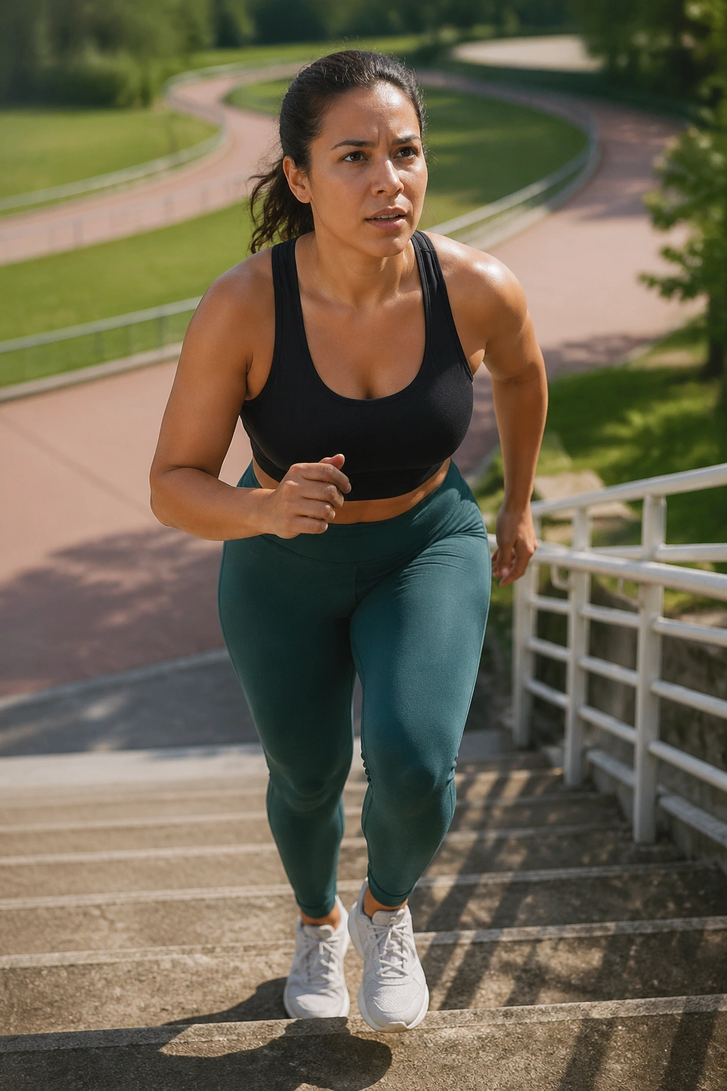 Real person climbing outdoor stairs during stair-and-sidewalk workout
