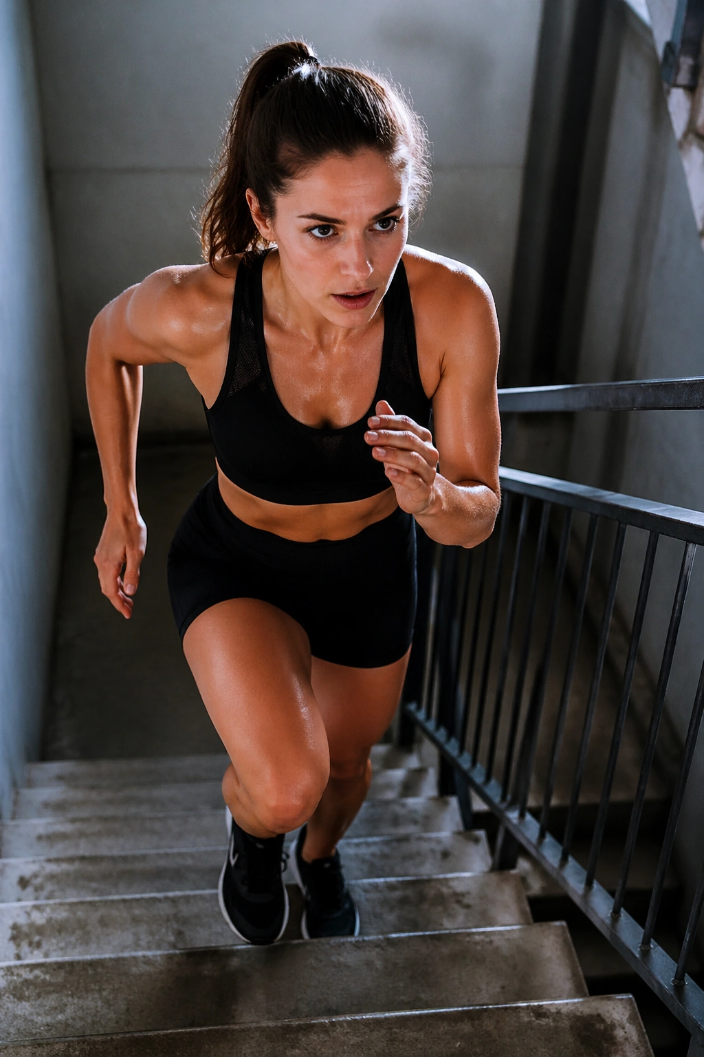 Athlete climbing stairs in a stairwell, motion captured mid-climb