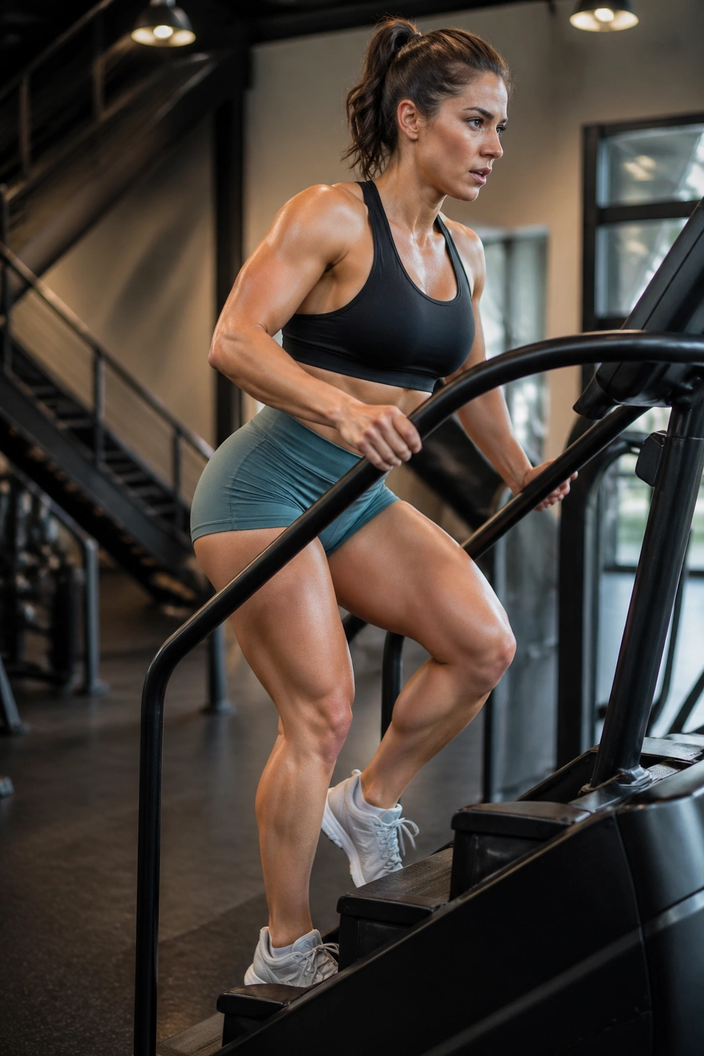 Athlete on stair climber mid-step in gym