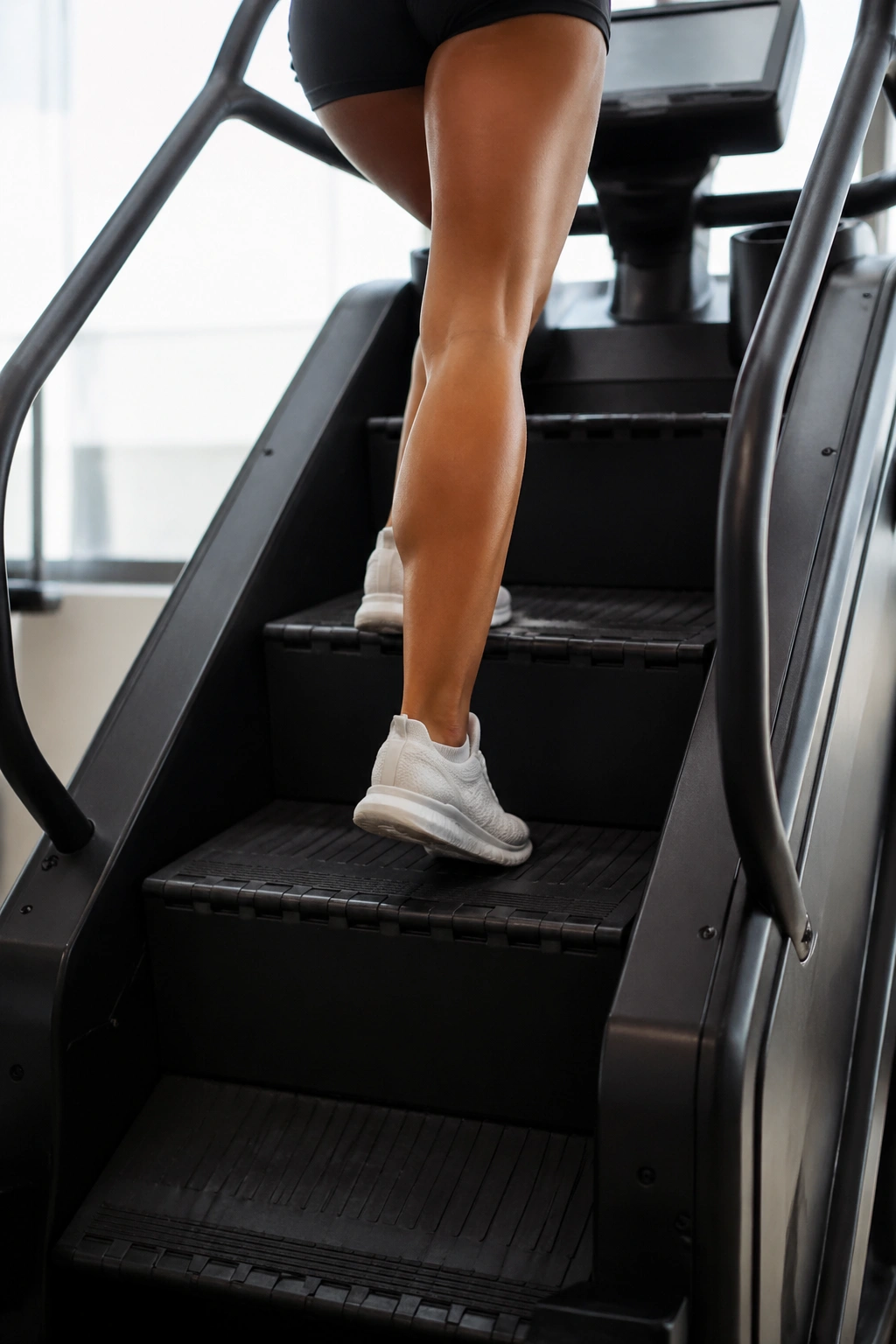 Close-up of a stair climber in a gym during interval training.