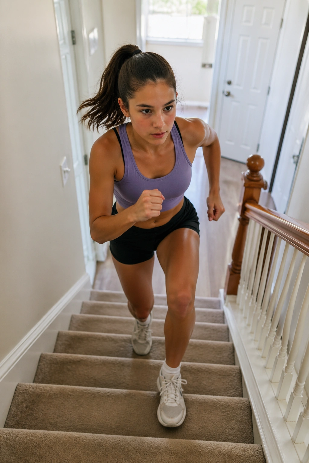 Teen girl climbing stairs in a hallway for cardio workout