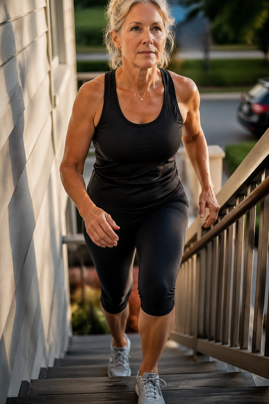 Older woman climbing stairs in a sunlit stairwell