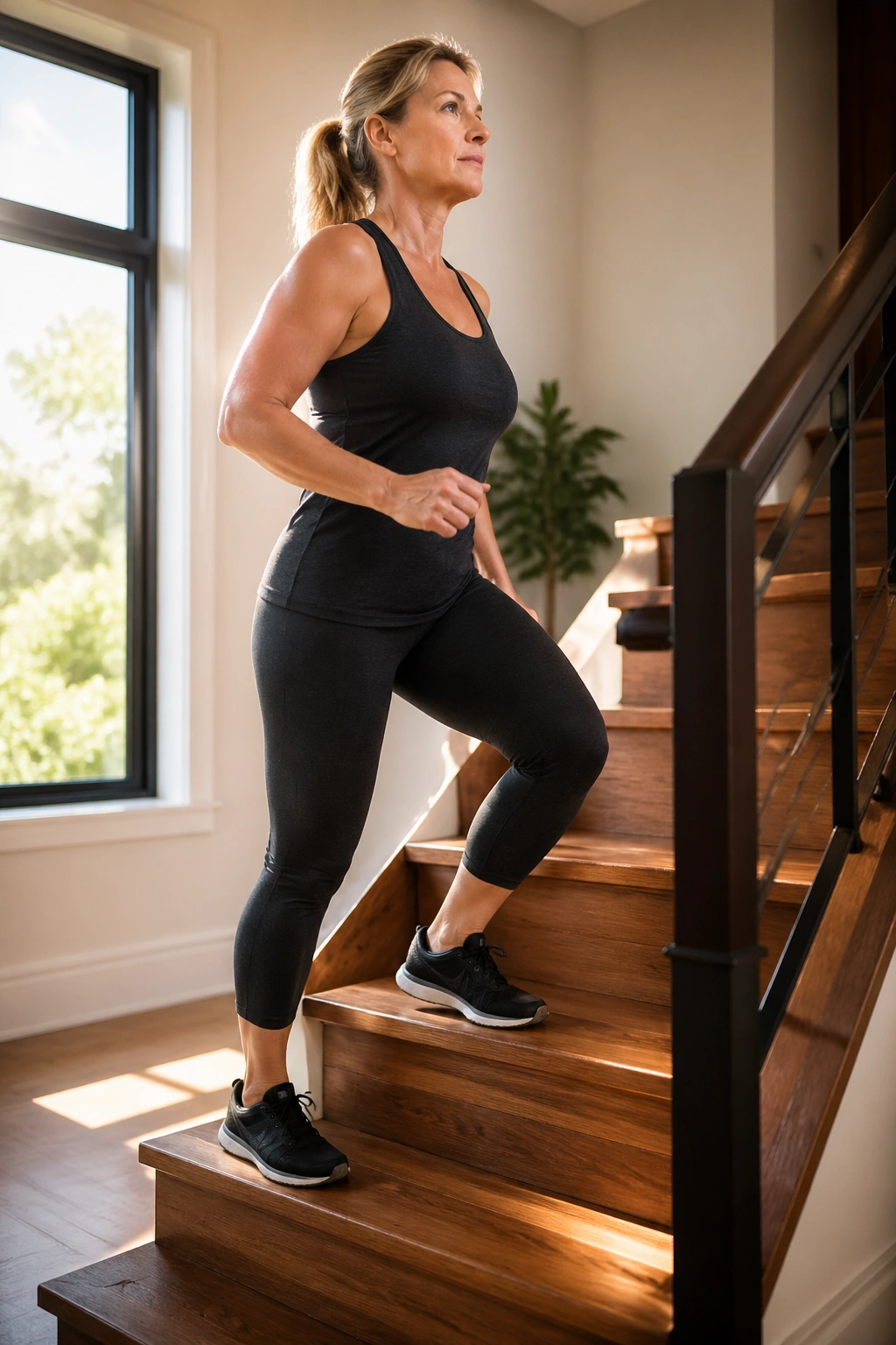 Medium close-up of a person stair climbing on a wooden staircase in a sunlit home