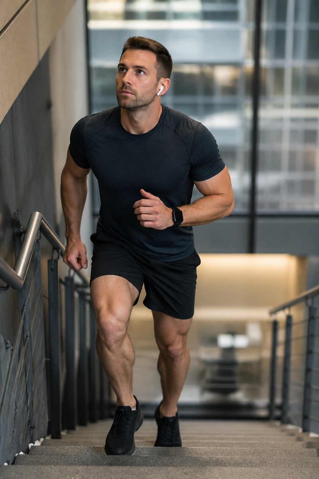 Real person performing stair intervals in office stairwell