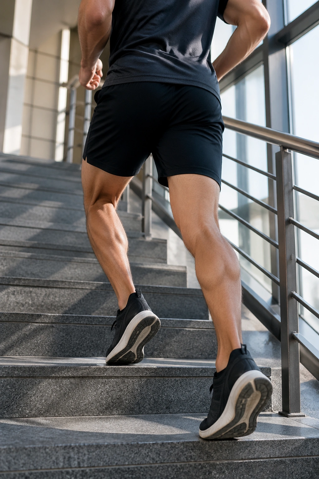 Person climbing stairs in an office stairwell performing stair intervals