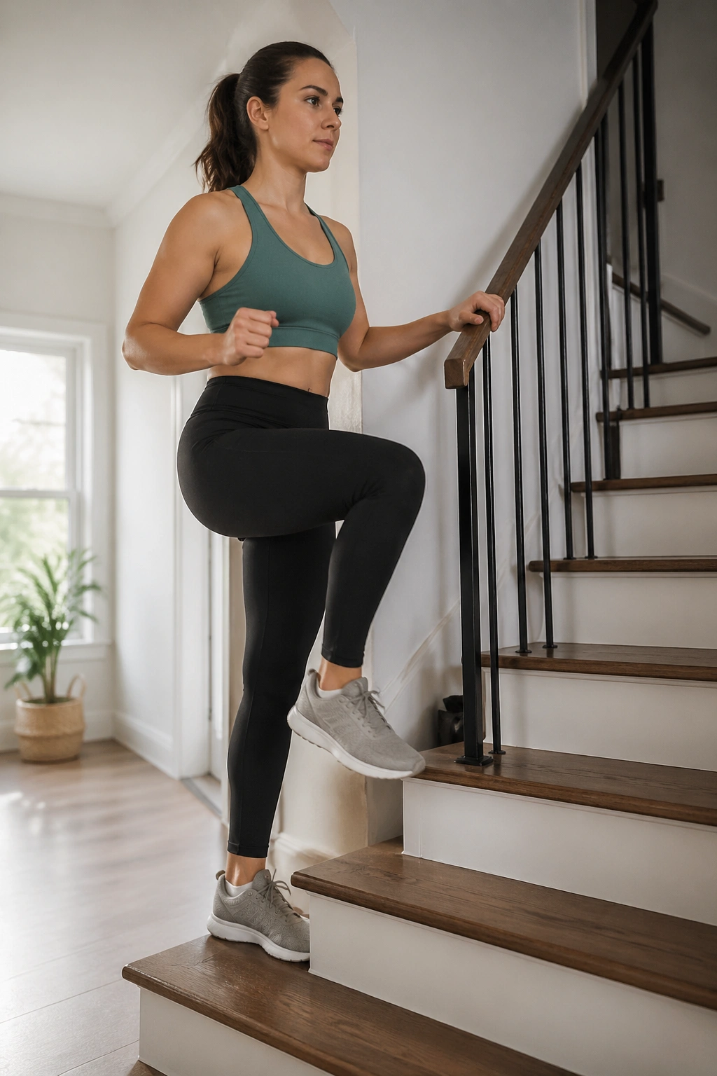 Medium-shot of a person marching on a bottom stair in a home staircase