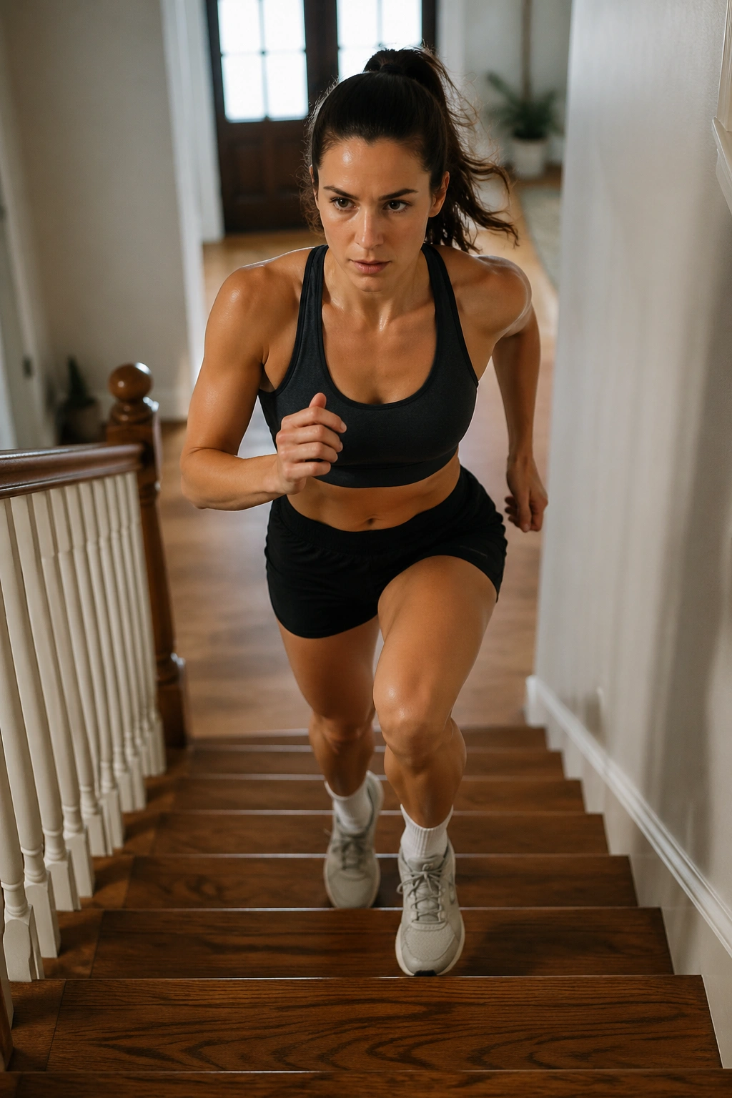 Mid-shot of a person sprinting up a home staircase