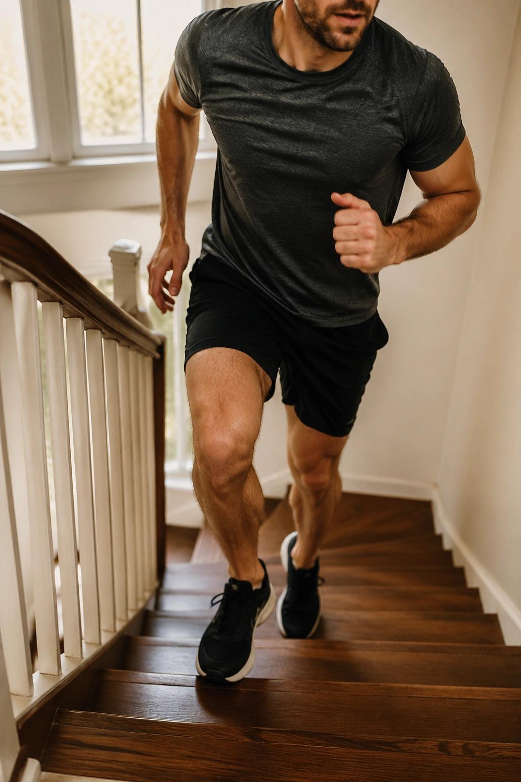 Real person sprinting up stairs in home setting during high-intensity interval
