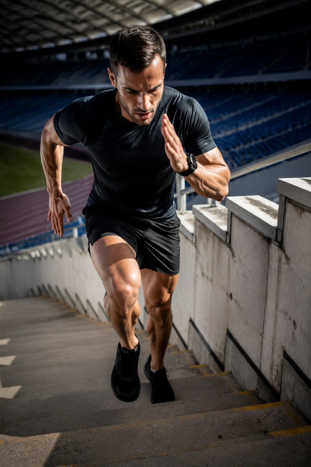 Athlete sprinting up stairs in a stairwell