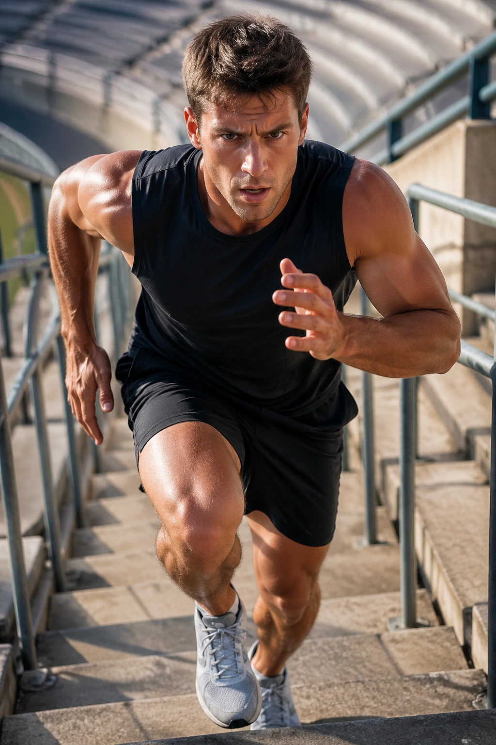Athlete sprinting up stairs during HIIT workout