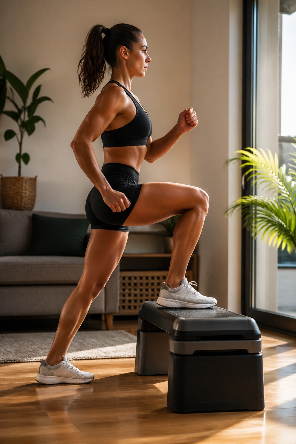 Side view of a fit person stepping up on a platform in a home setting