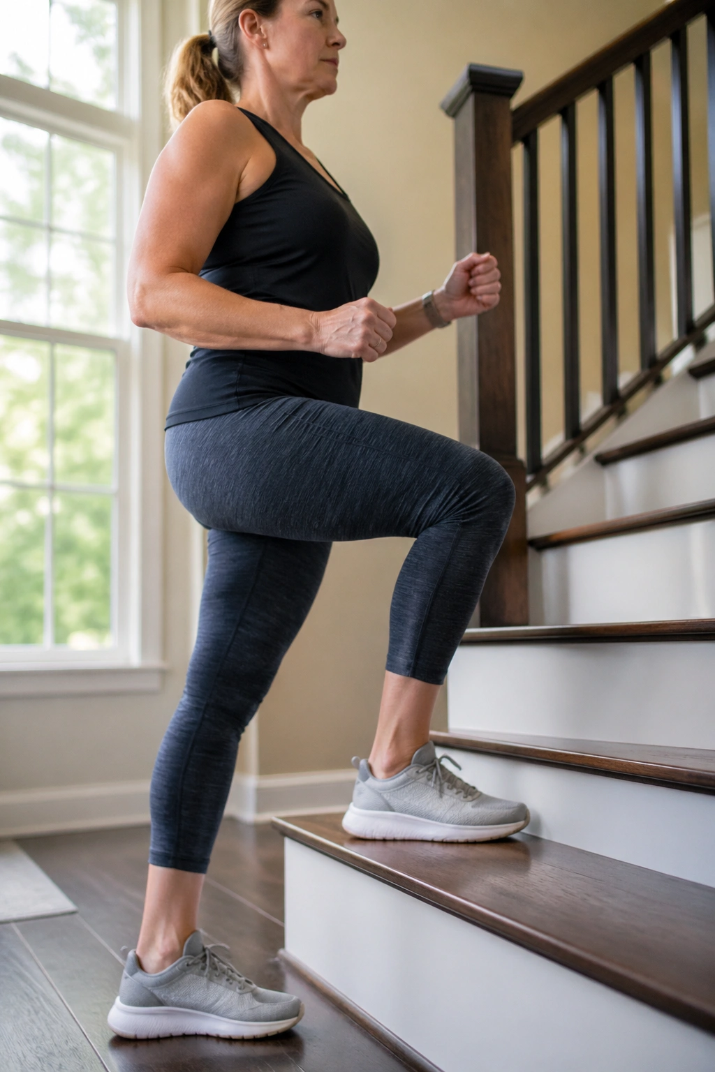 Mid-shot of a real person performing stair step-ups on a low stair in a home