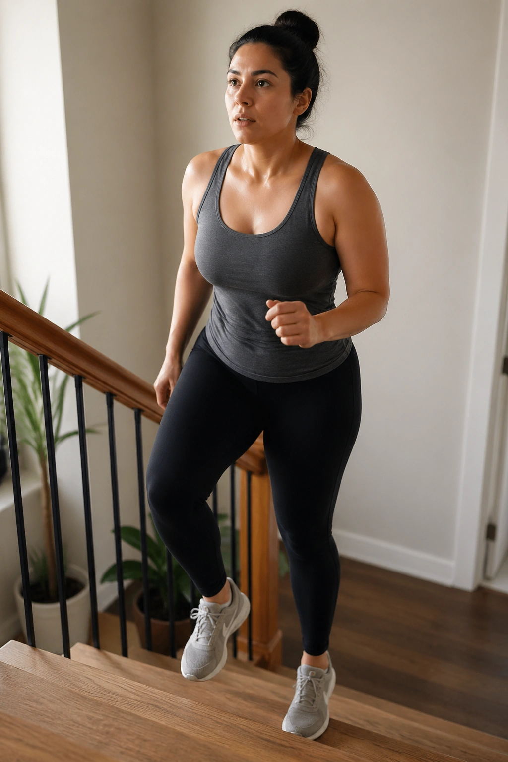 Person walking stairs during stair walk intervals in a home setting