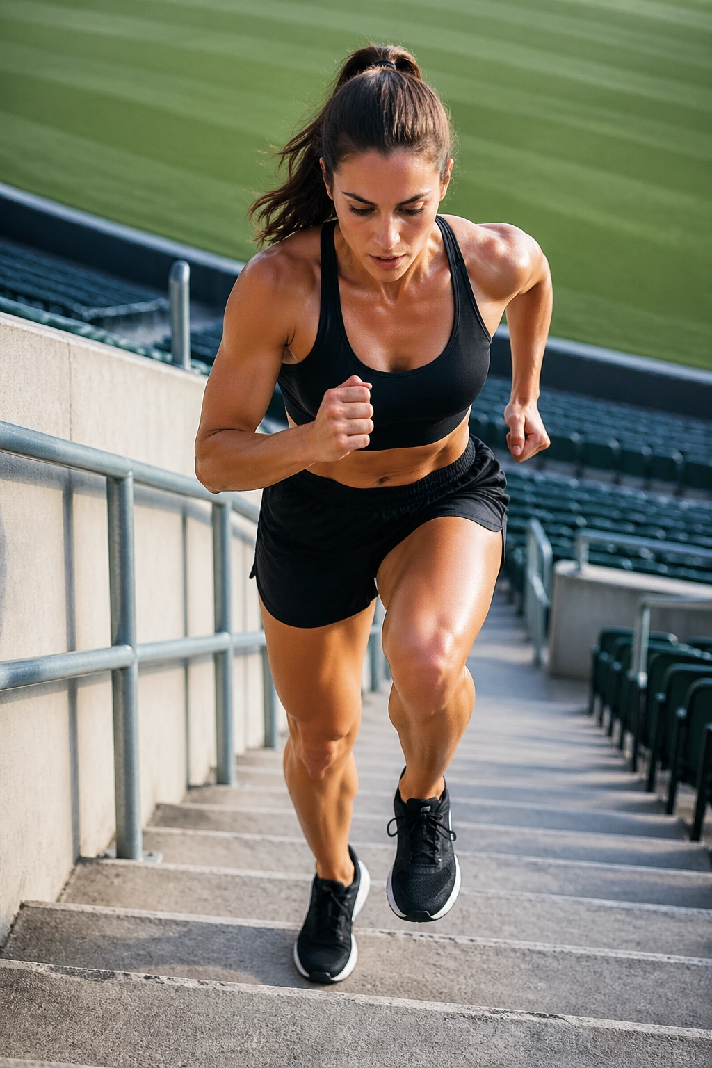Person climbing stadium stairs during a workout