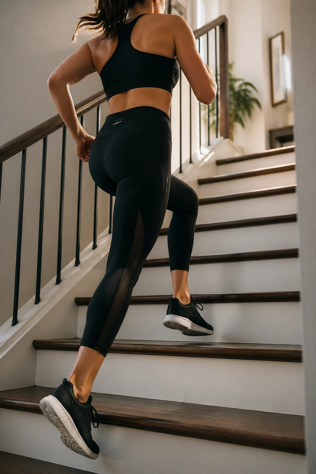 Person climbing stairs in a home interior for cardio finish