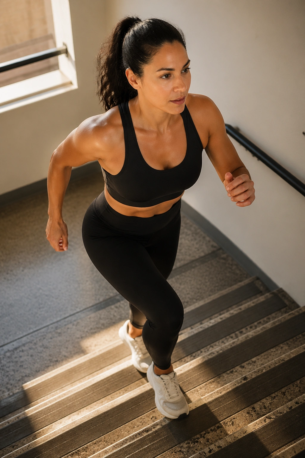 Person climbing stairs in indoor stairwell