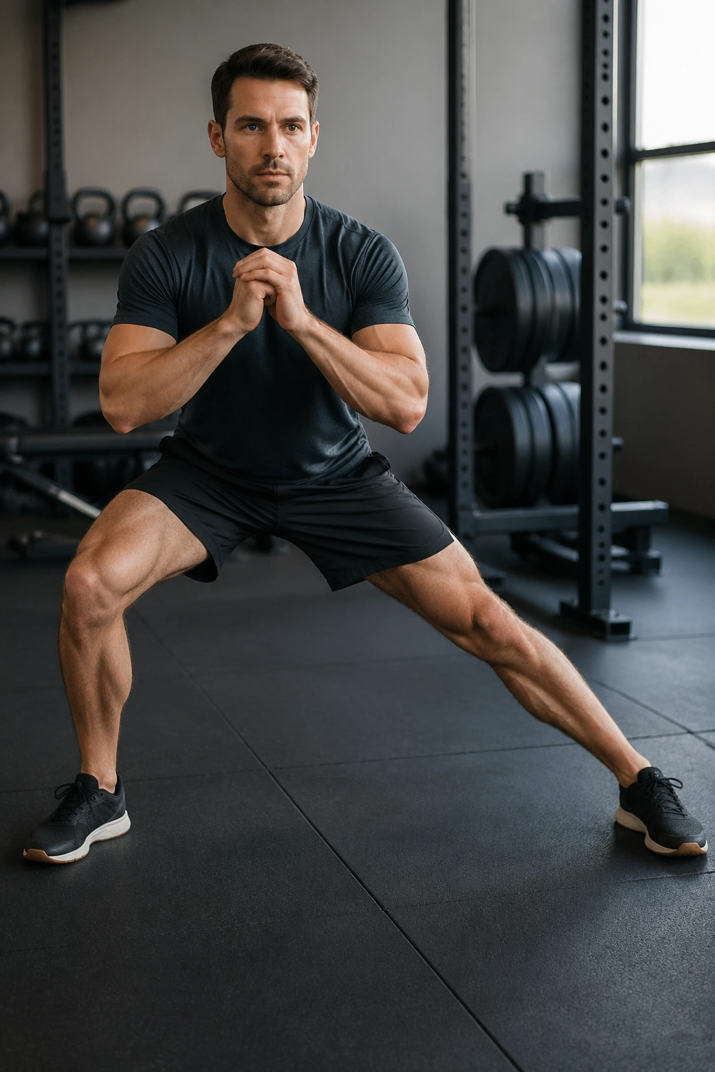 Person performing standing adductor side shift in a gym.