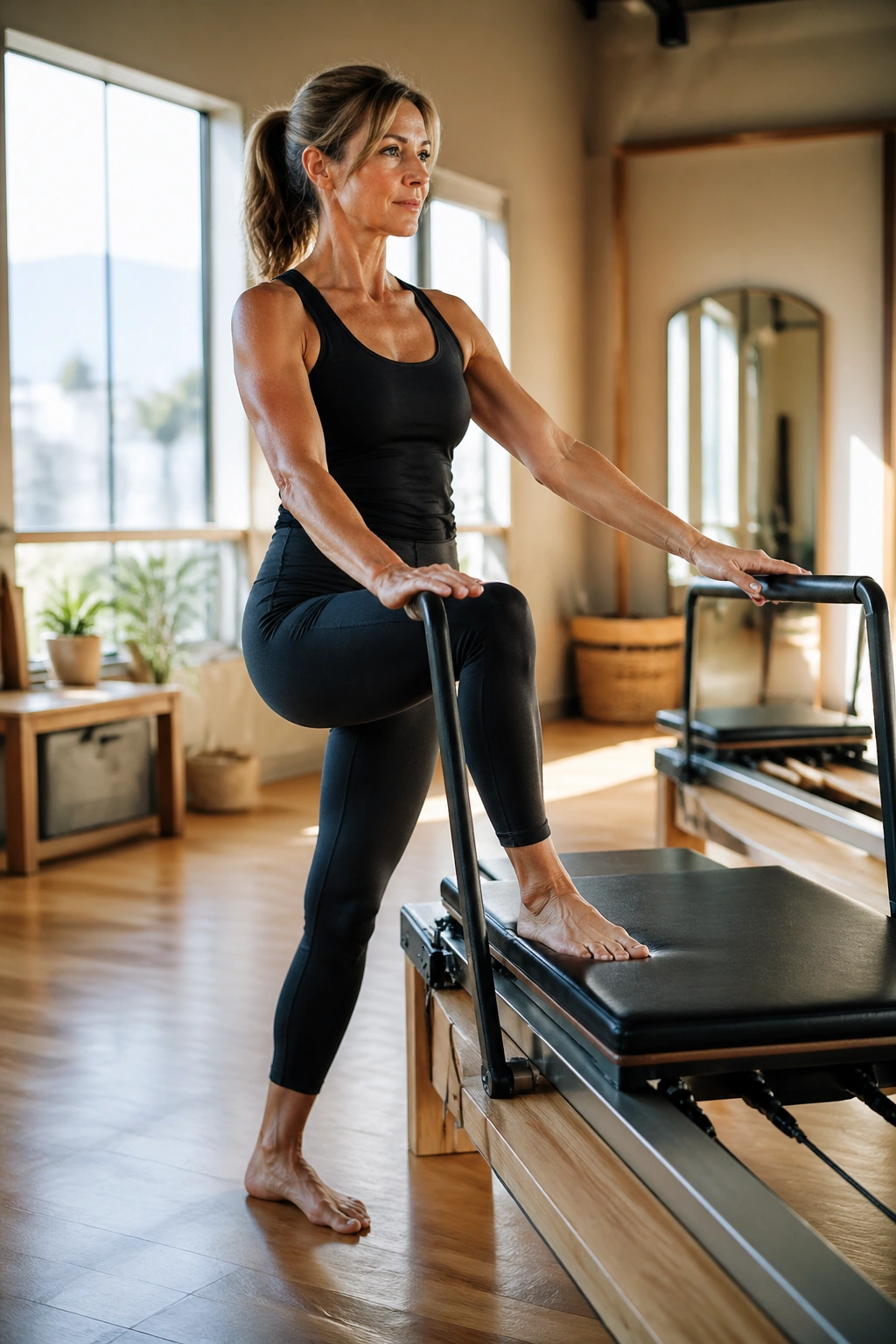 Medium close-up of a real woman performing standing balance on a reformer in a sunlit studio