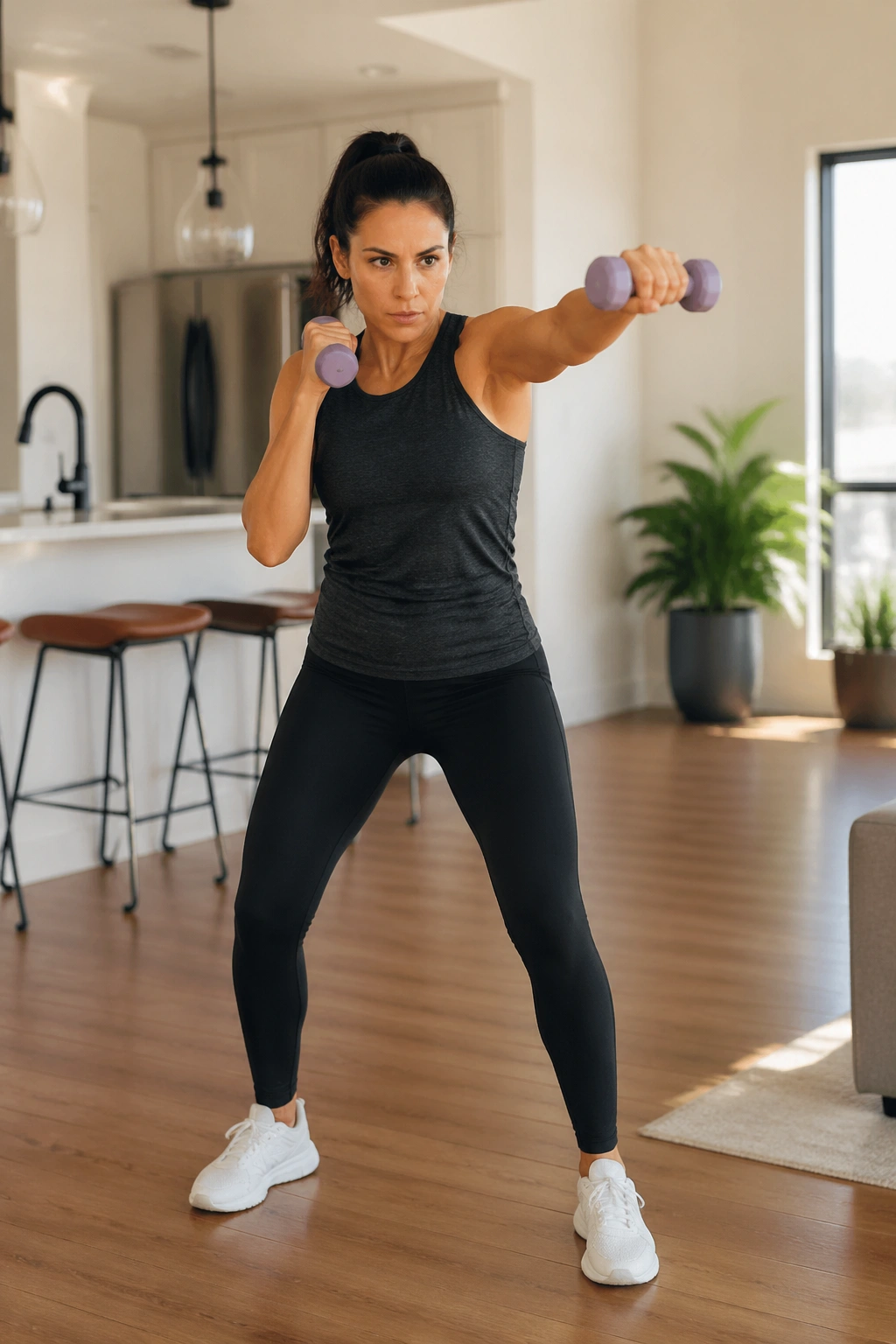 Mid-shot of a person performing standing boxing jabs with light weights