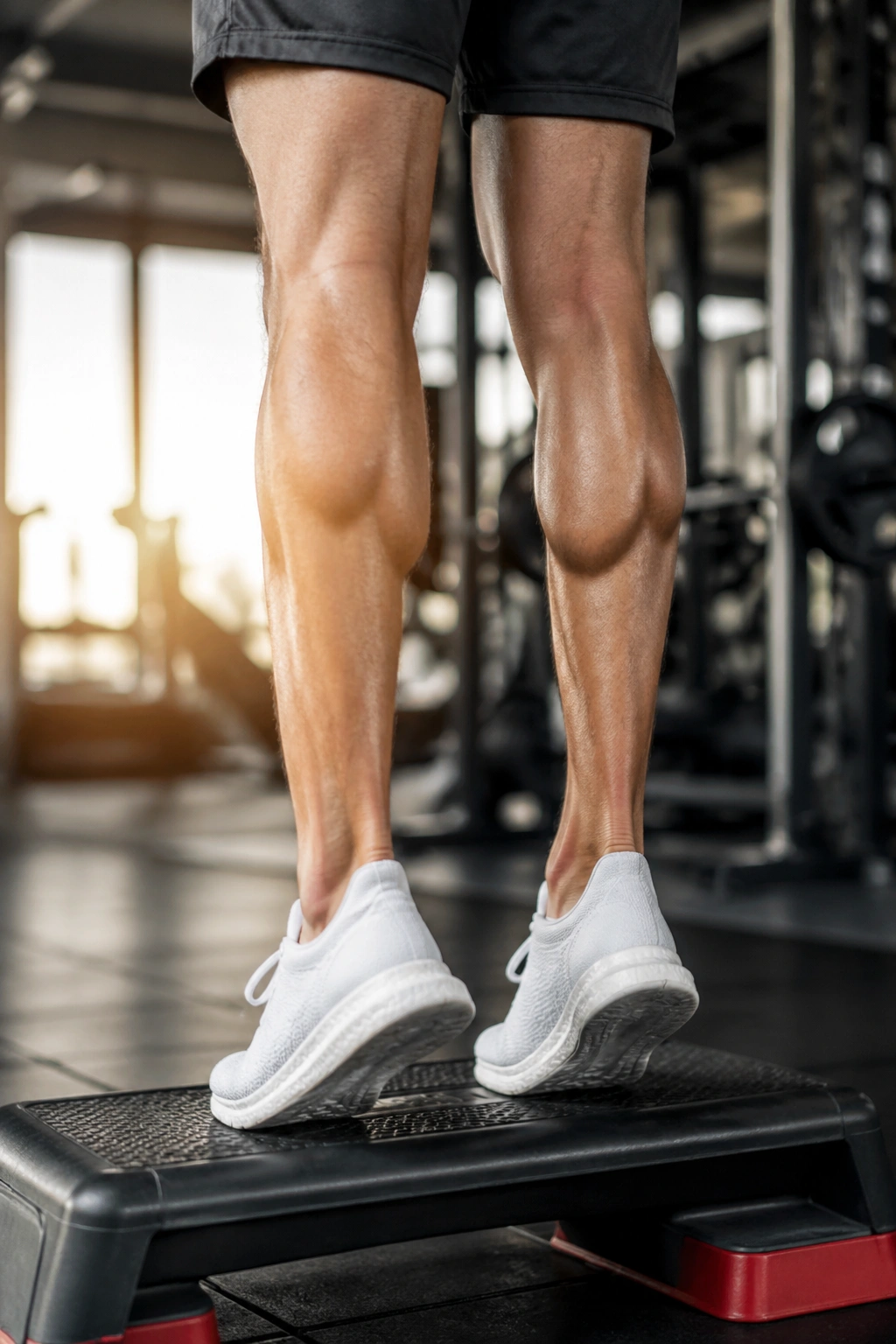Person performing standing calf raise on a step