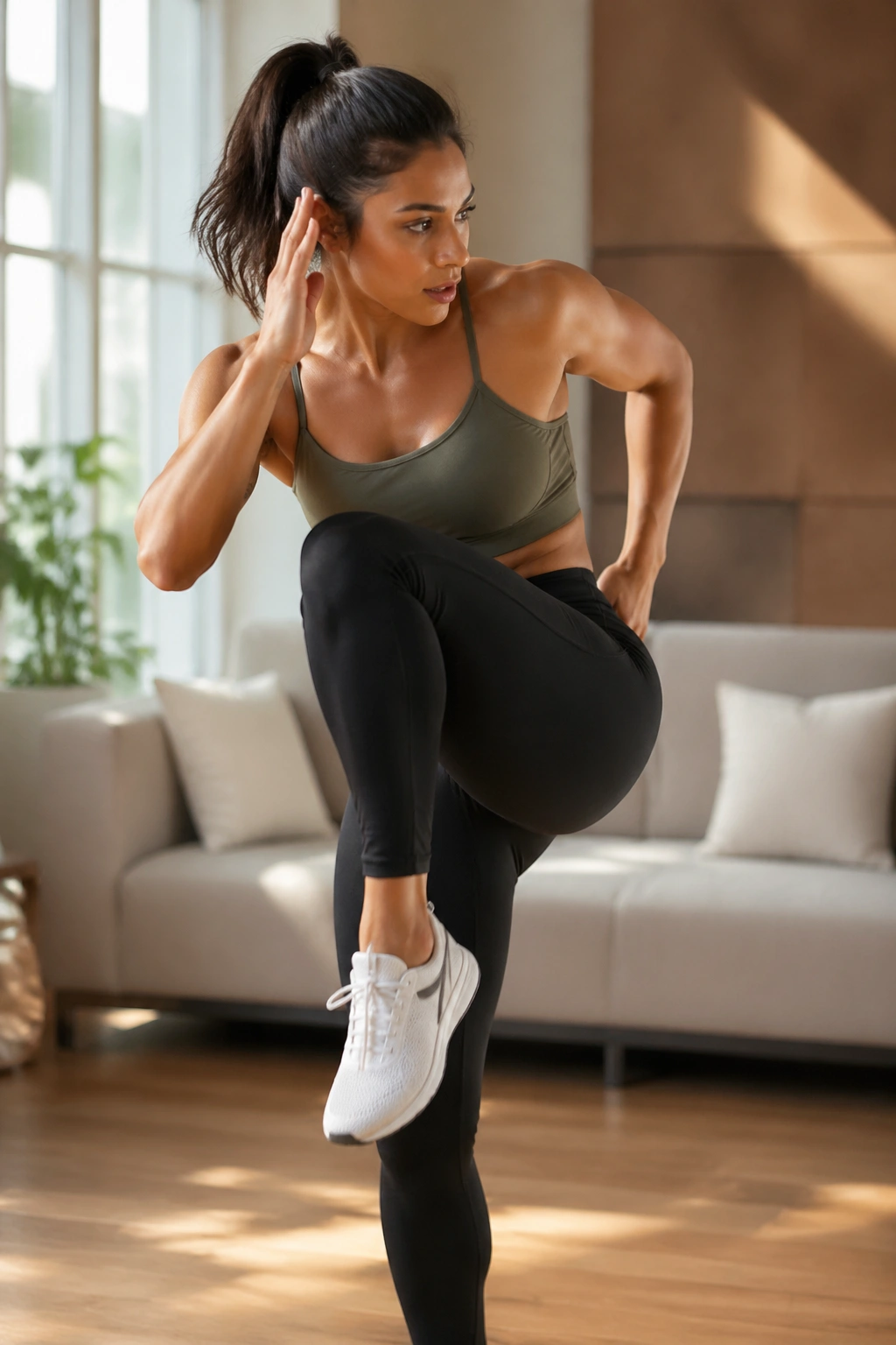Medium close-up of a person performing standing cross-body knee drives in a home setting, core engaged.