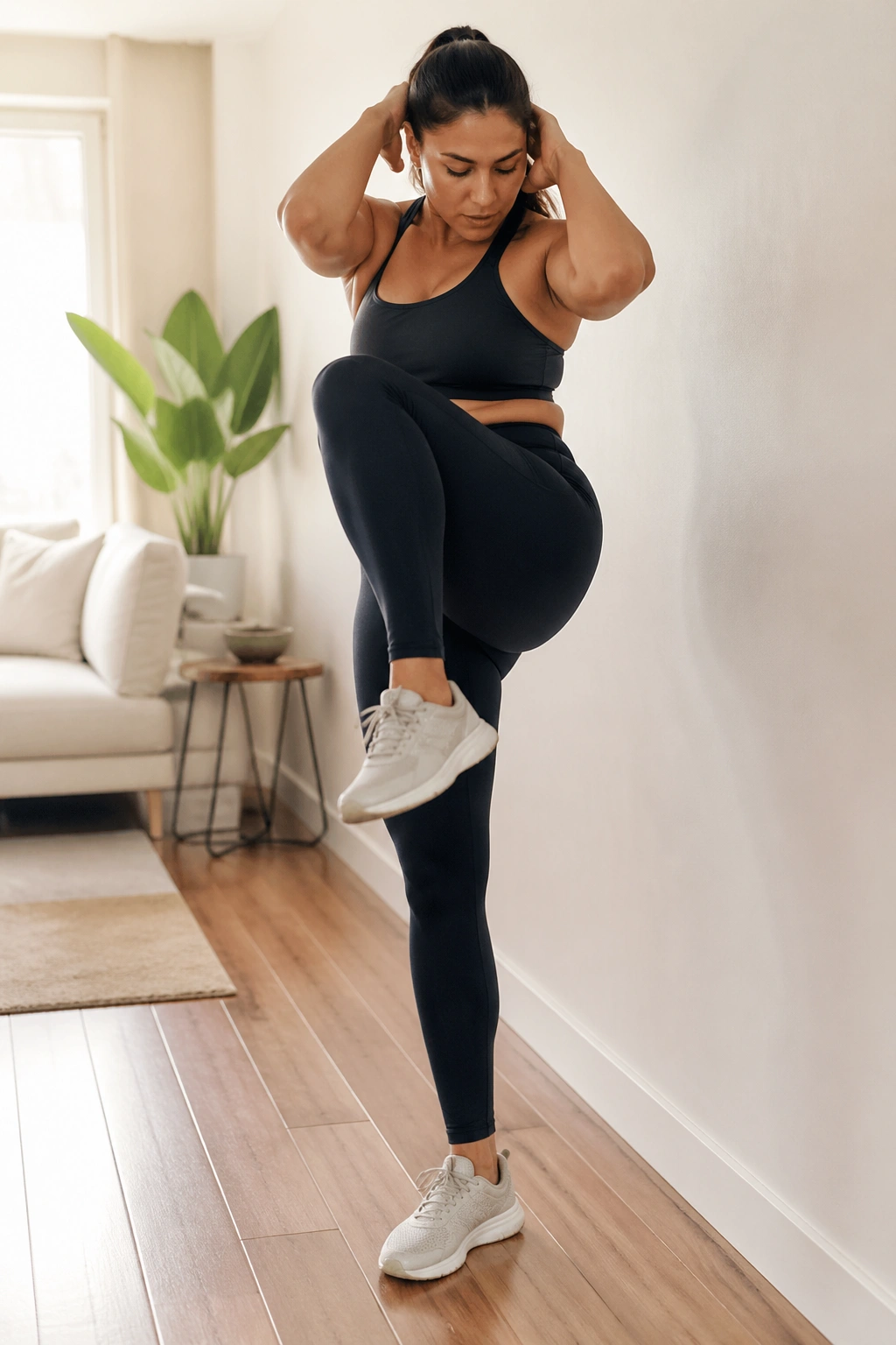 Real person performing standing knee-to-elbow crunch in a bright home space