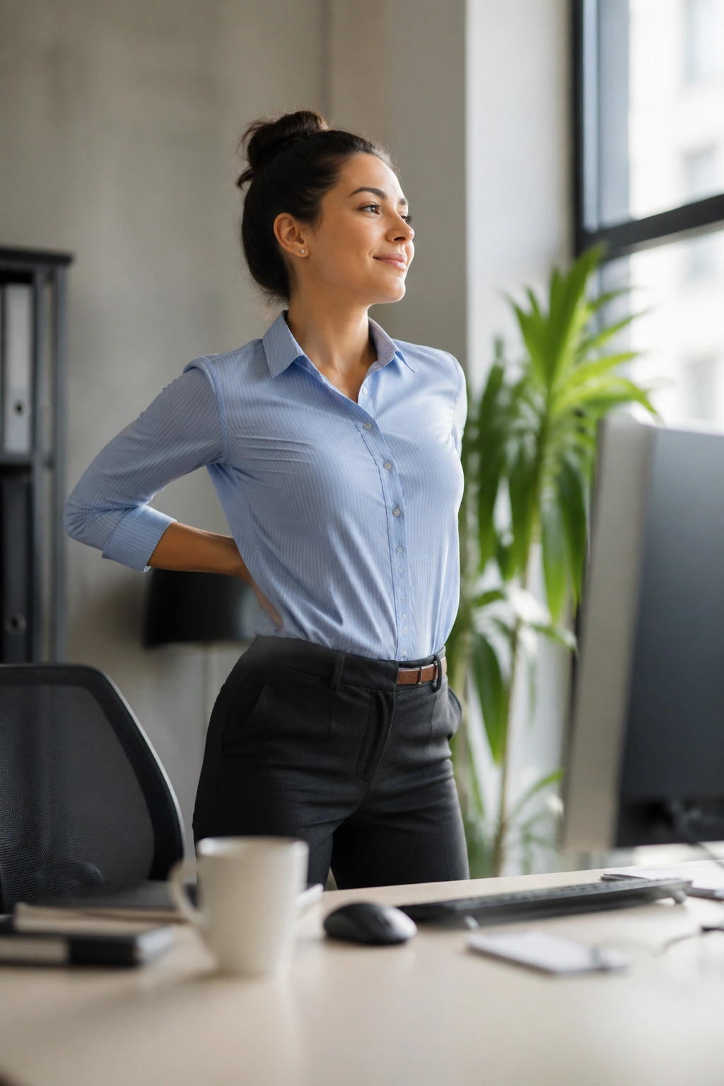 Person standing beside desk in an office during a break