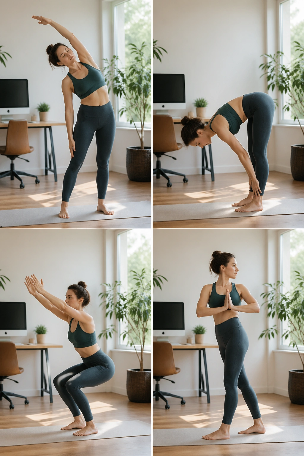 Person doing standing yoga flow near a desk in a bright home office