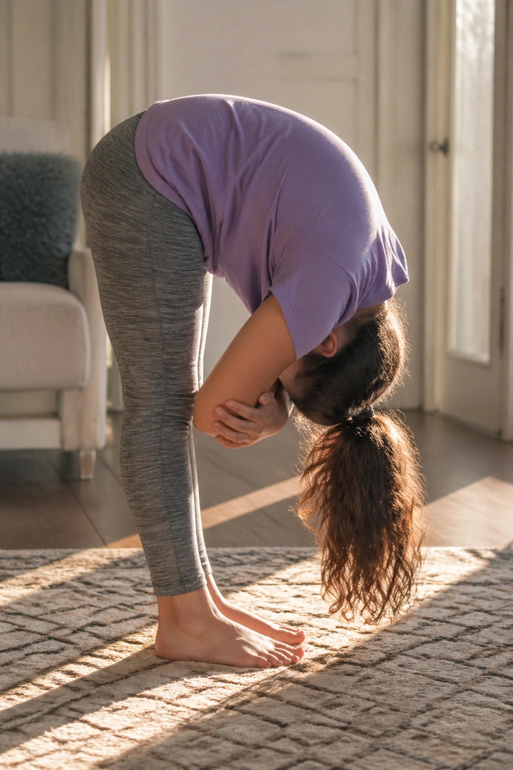 Teen in standing forward fold with knees bent and elbows held