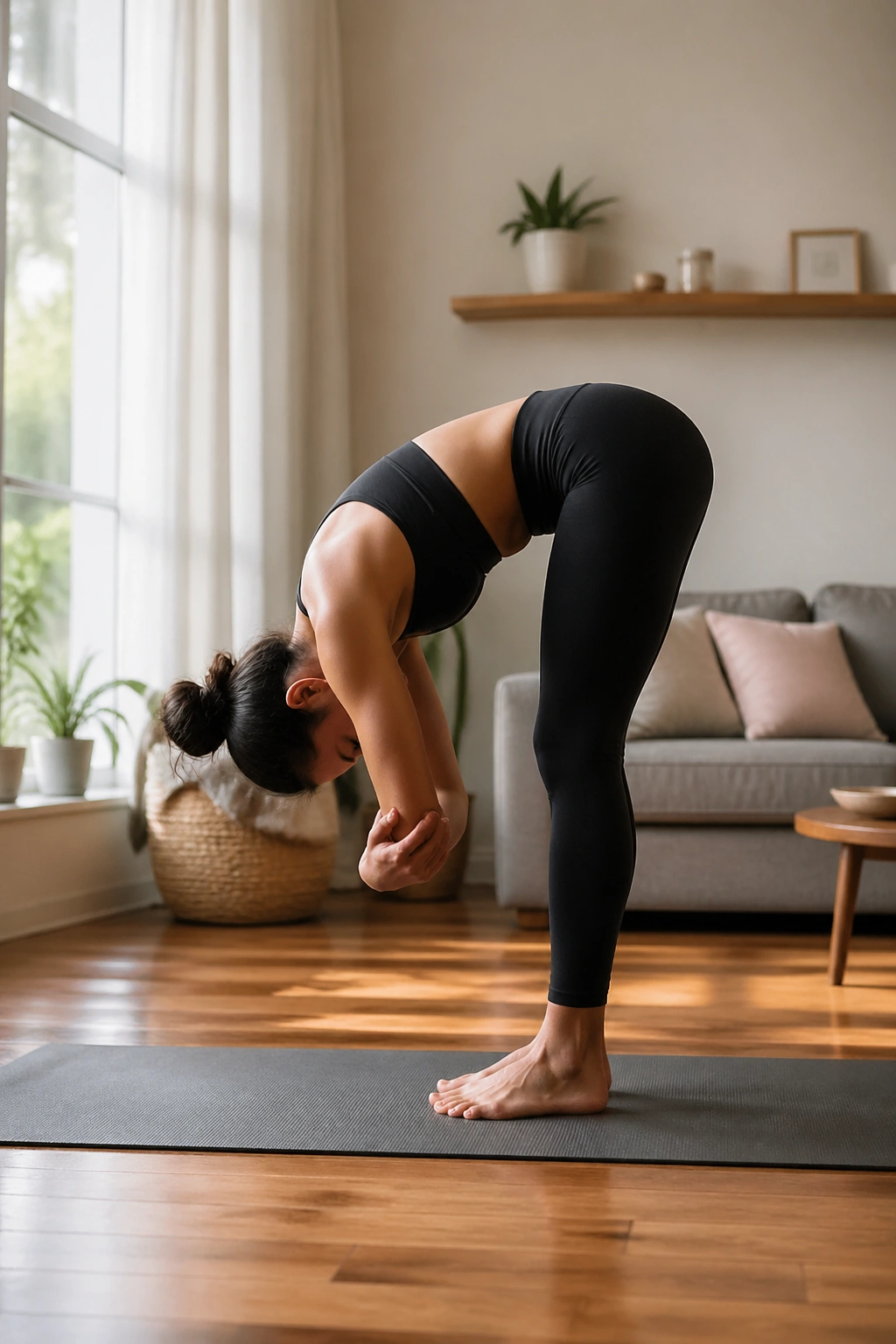 Person in standing forward fold transitioning to ragdoll