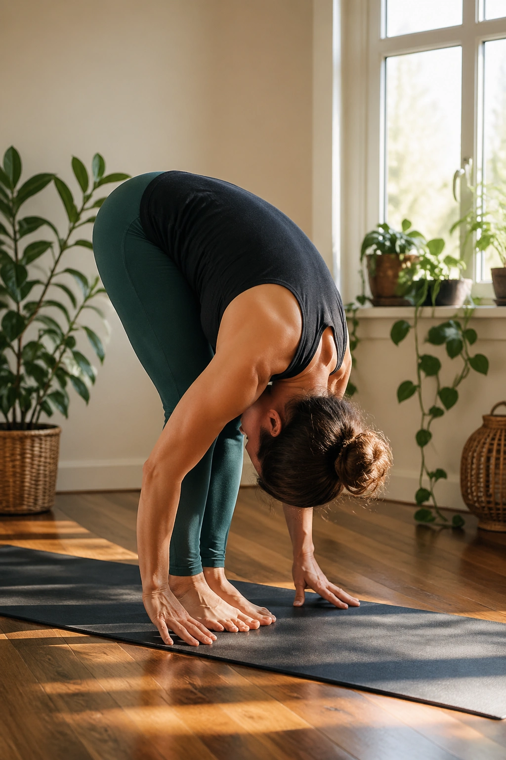 Person in Standing Forward Fold in a cozy home space