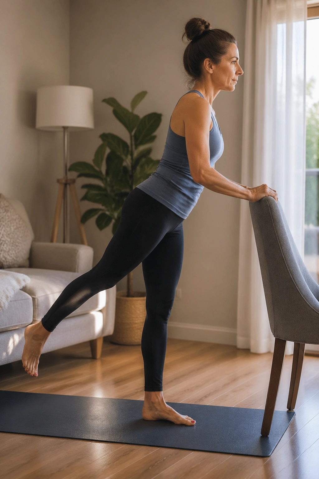 Side view of a person performing a standing kickback with a small reach