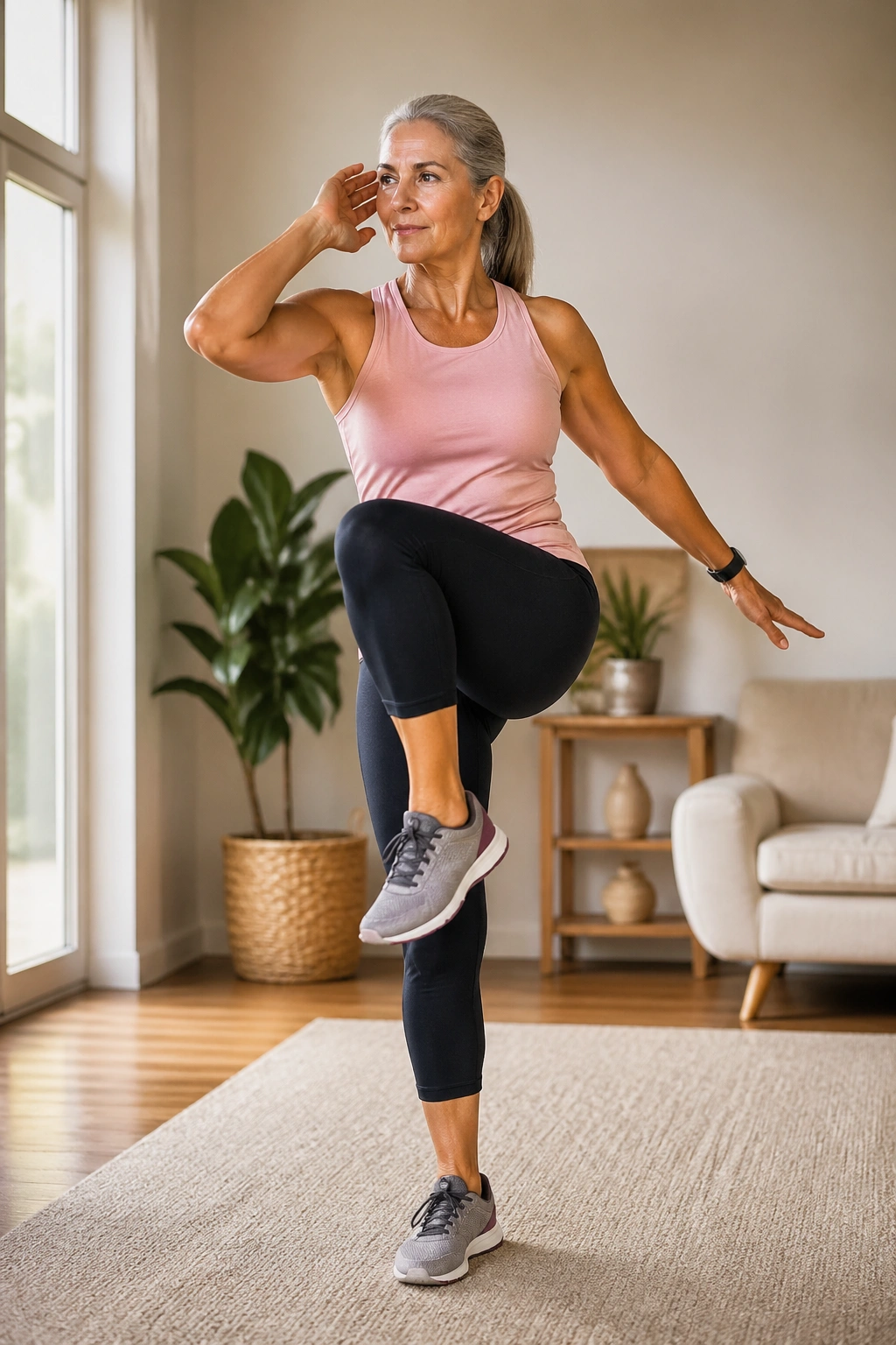 Woman performing standing cross-body knee drives with knee to opposite elbow