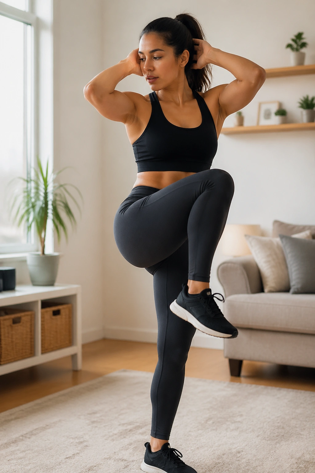 Mid-shot of person performing standing knee drive and twist in a bright living room.