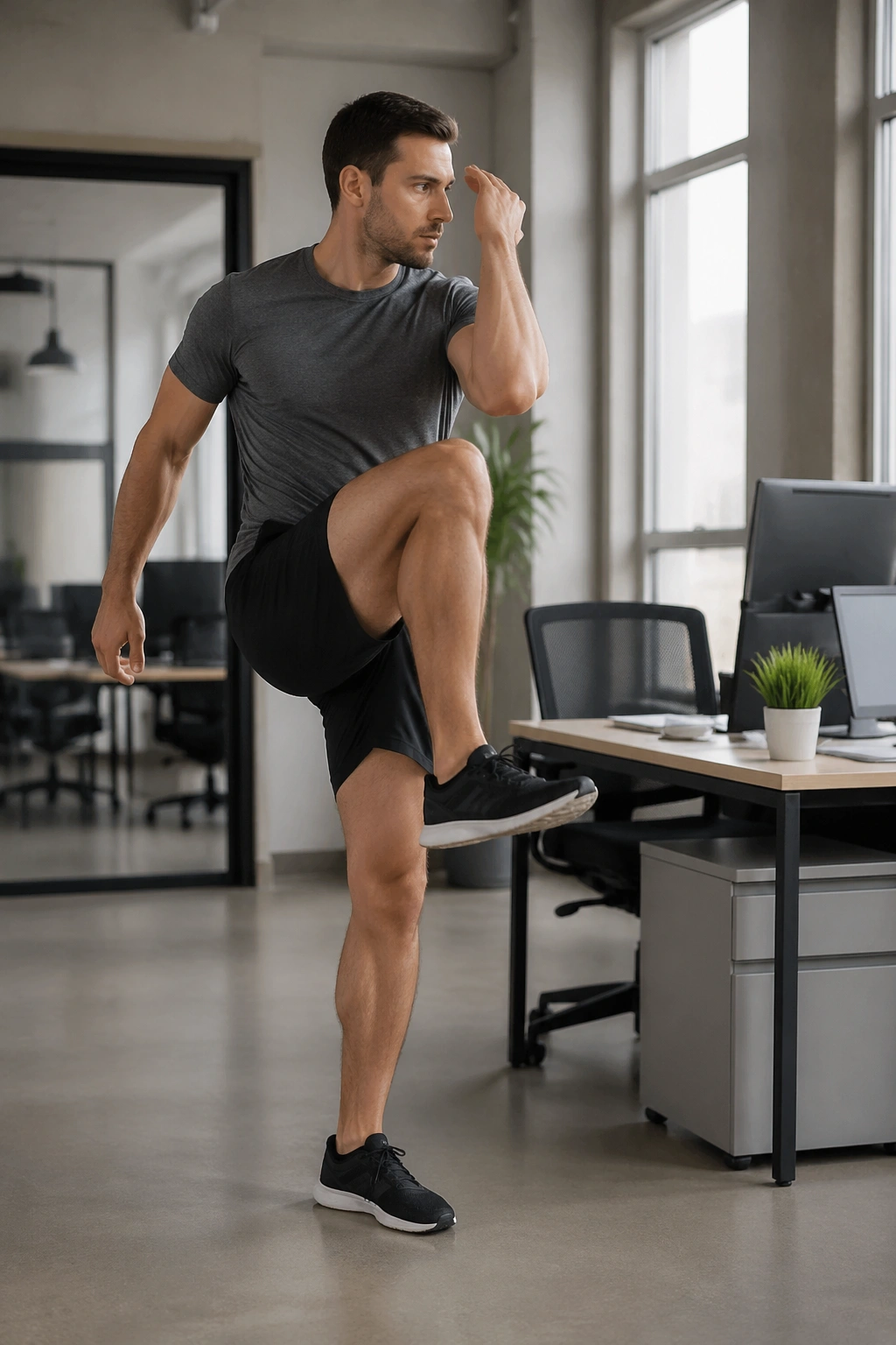 Real person performing standing cross-body knee drives beside a desk