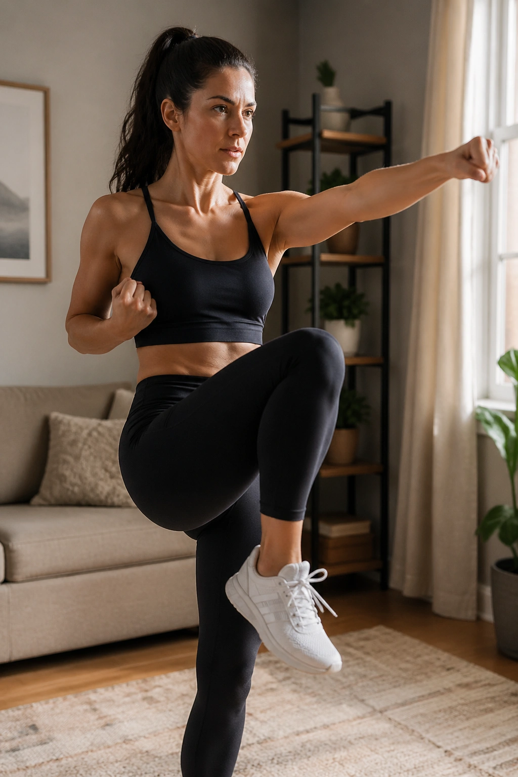 Real woman performing standing knee drives in a living room