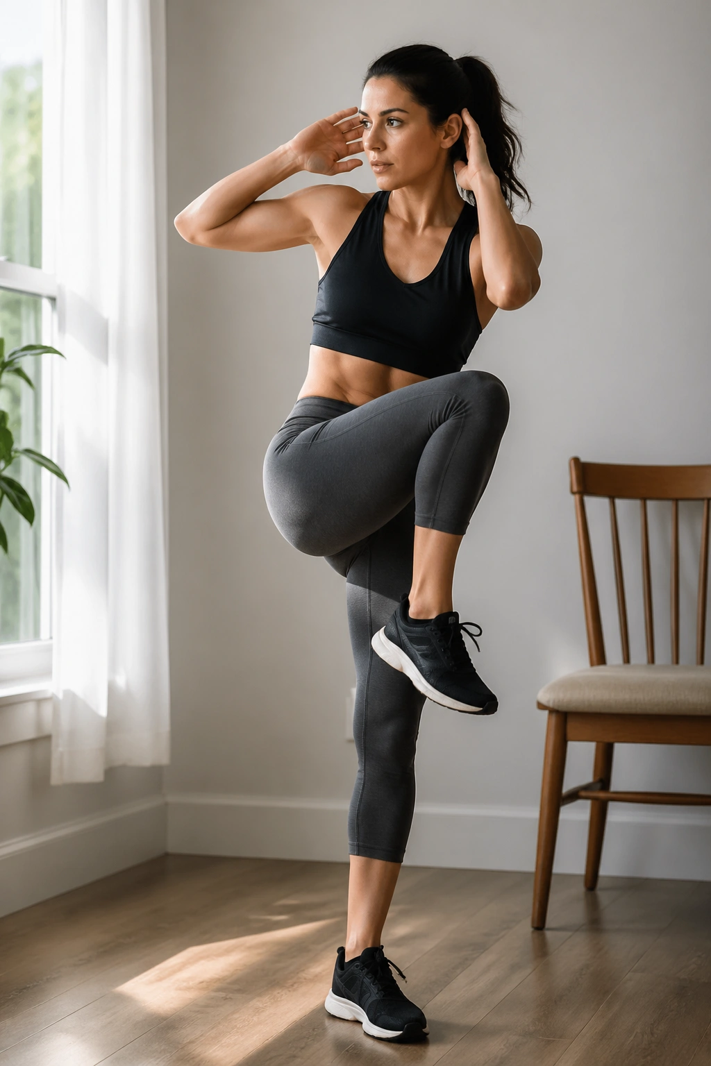 Person performing standing knee-to-elbow drives in a bright home setting