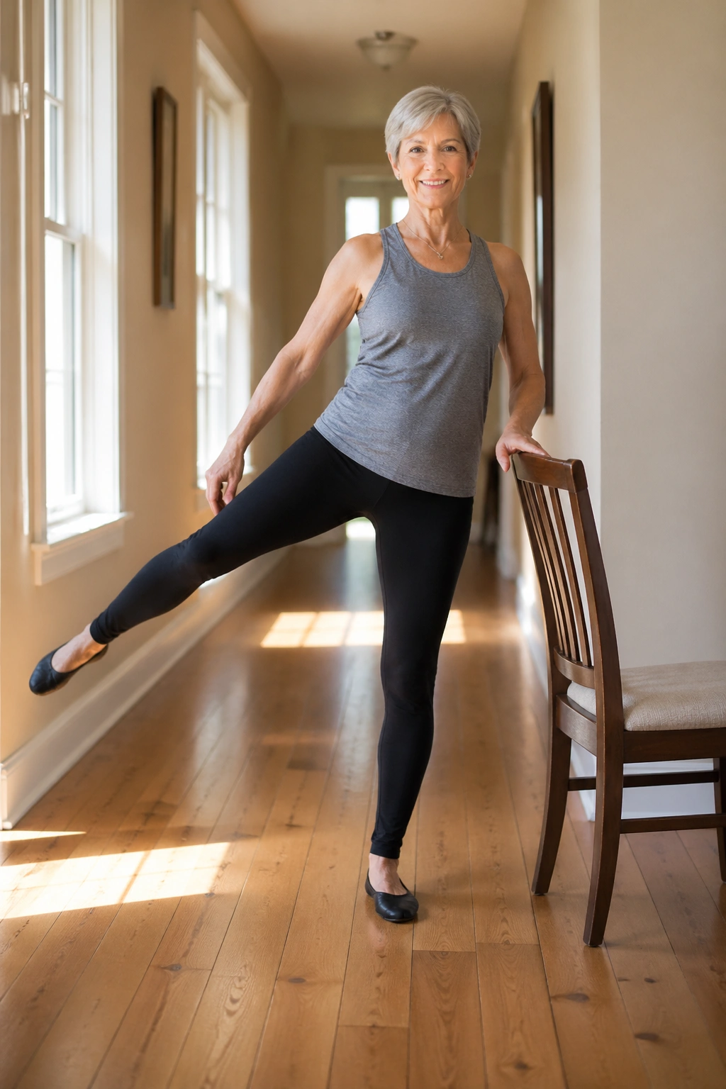 Real woman performing Standing Side Leg Lifts with a Chair in a bright room