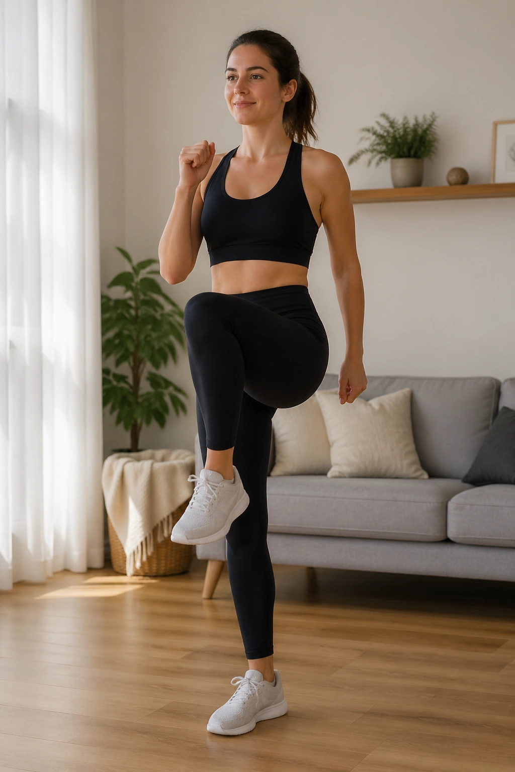 Person performing standing marches with tall posture at home