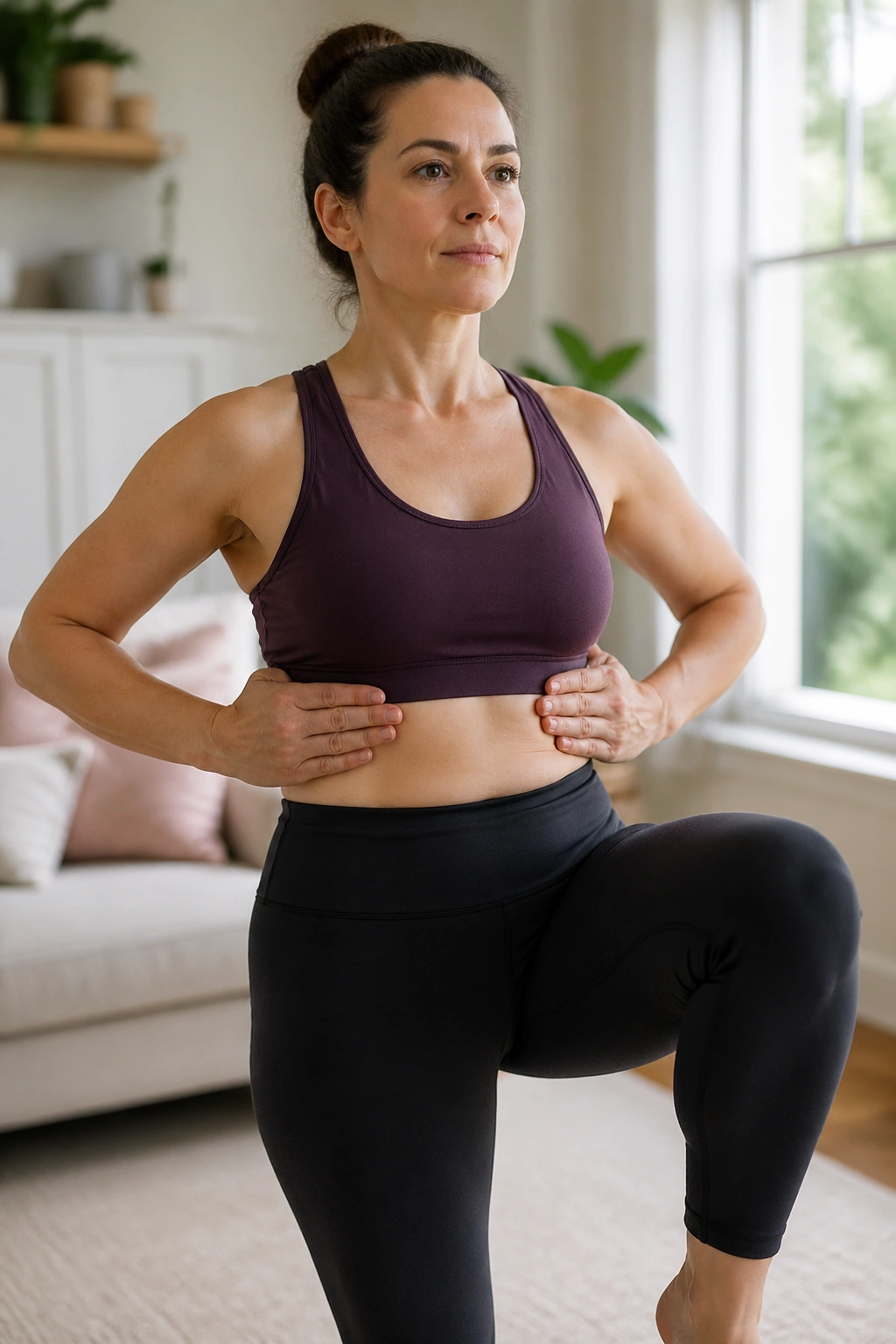 Portrait of a person performing standing march with core brace.