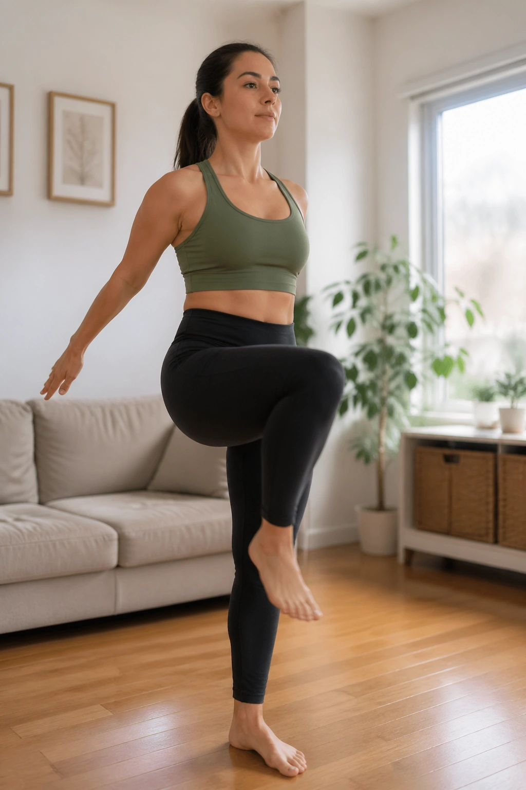 Woman doing standing marches with arm swings in a living room.