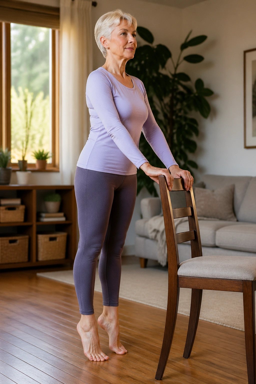 Full-body portrait of a woman performing standing Pilates heel raises with chair in a cozy home