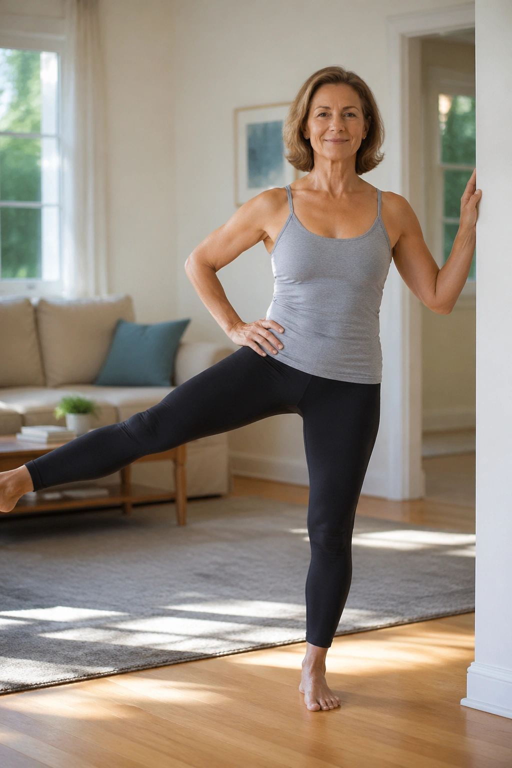 Woman performing standing side leg lifts beside a wall