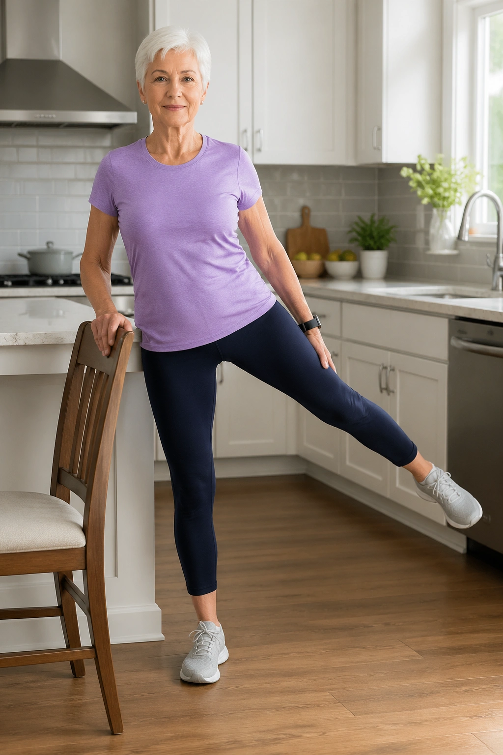 Senior performing standing side leg raise near a chair
