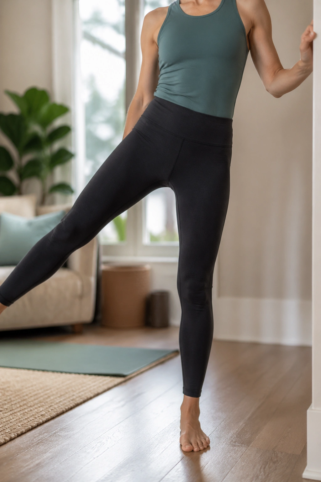 Person performing standing side leg reach with wall support.
