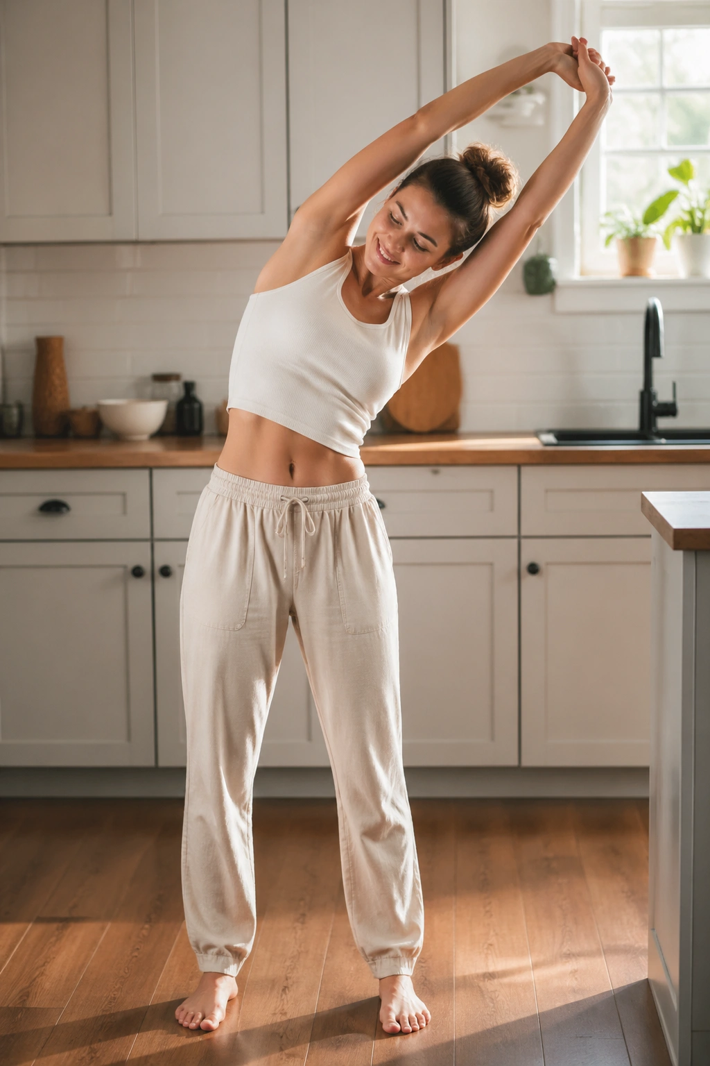 Person performing standing side reach stretch in a bright kitchen