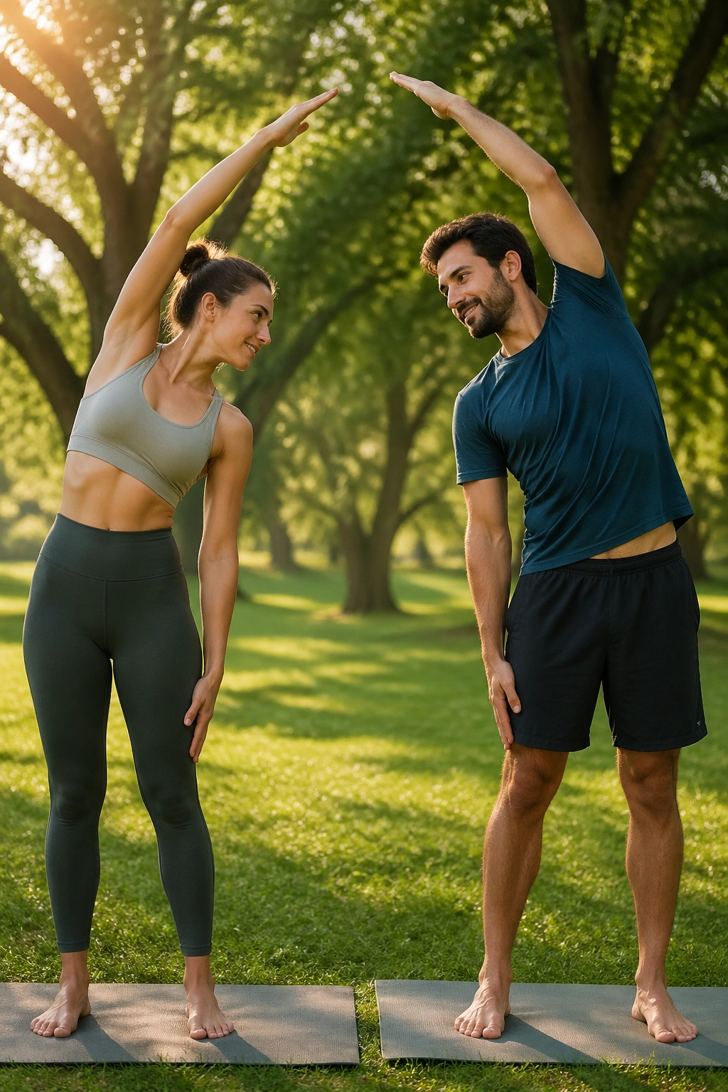 Two people performing standing side stretch facing each other