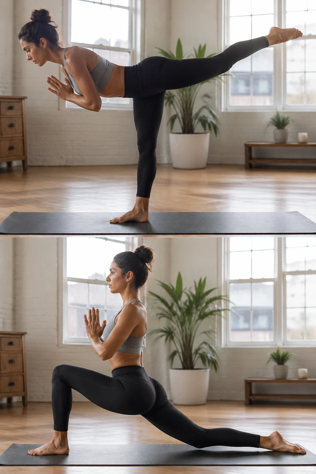 Standing split to lunge flow in a sunlit home yoga space